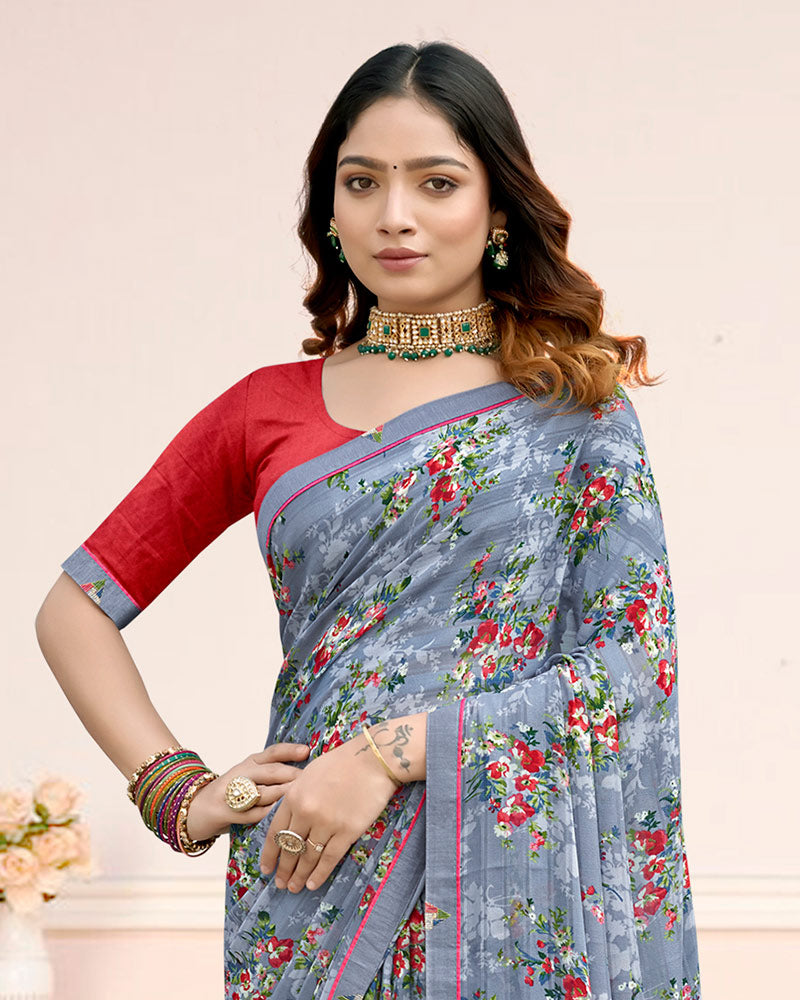 Vishal Prints Steel Grey Printed Chiffon Saree With Fancy Border