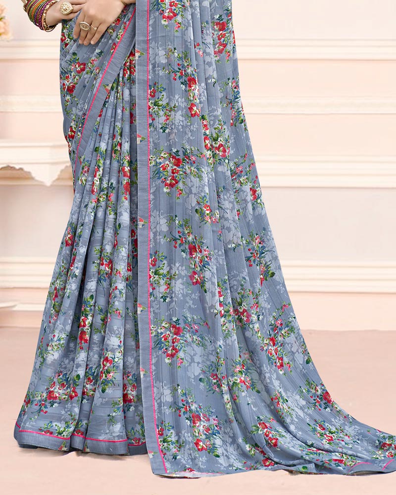 Vishal Prints Steel Grey Printed Chiffon Saree With Fancy Border