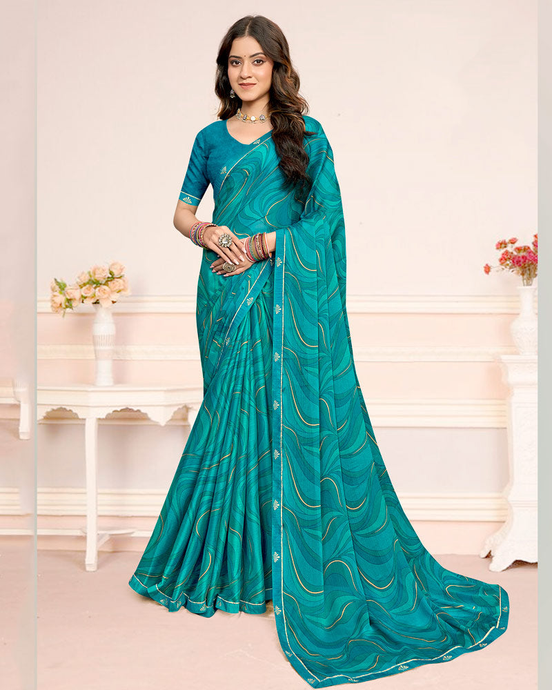 Vishal Prints Peacock Blue Printed Chiffon Saree With Fancy Border