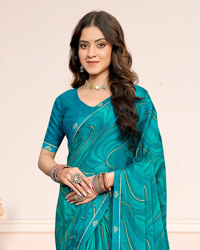 Vishal Prints Peacock Blue Printed Chiffon Saree With Fancy Border