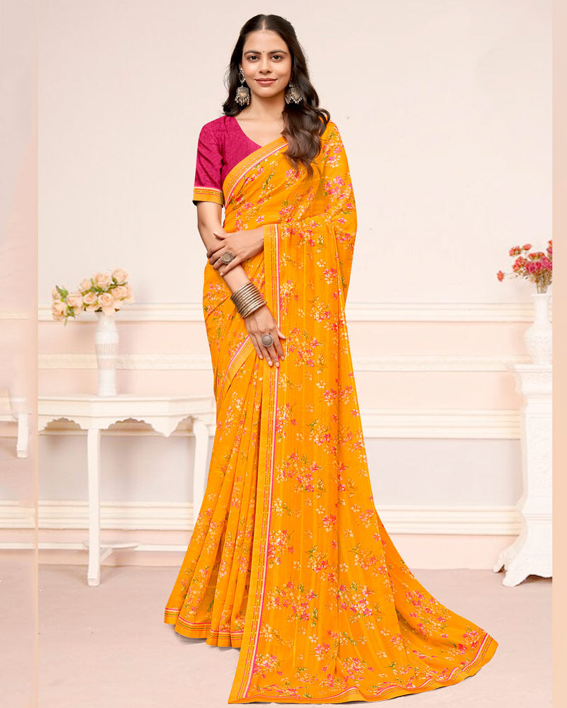 Vishal Prints Marigold Orange Printed Chiffon Saree With Fancy Border