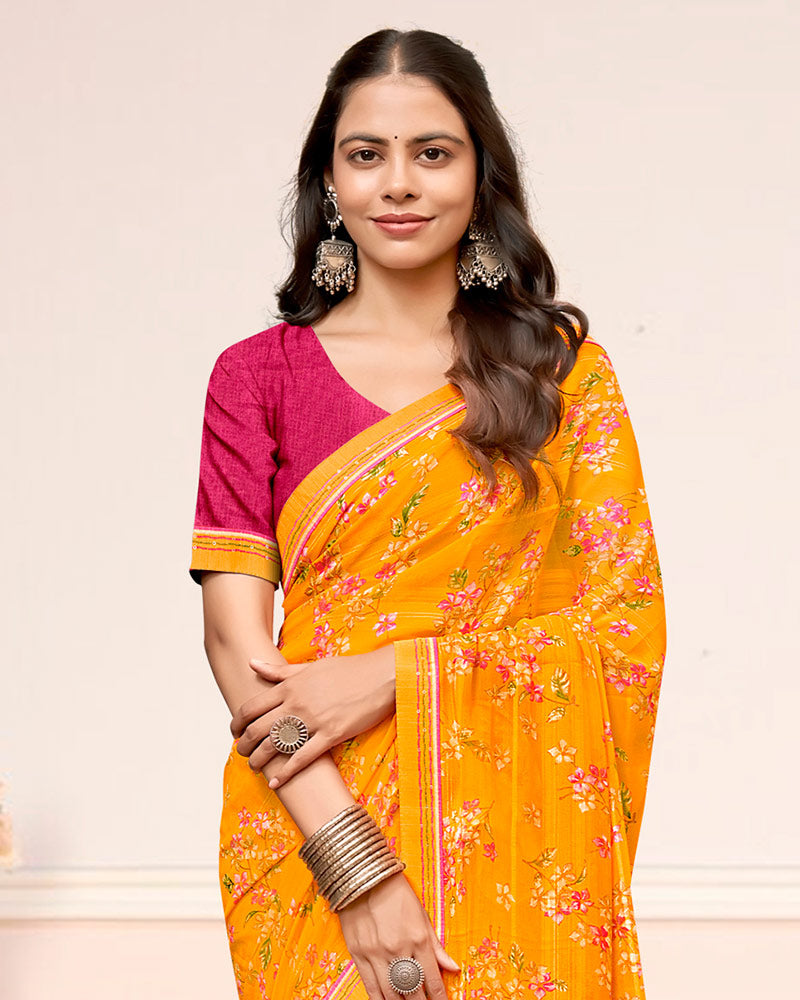 Vishal Prints Marigold Orange Printed Chiffon Saree With Fancy Border