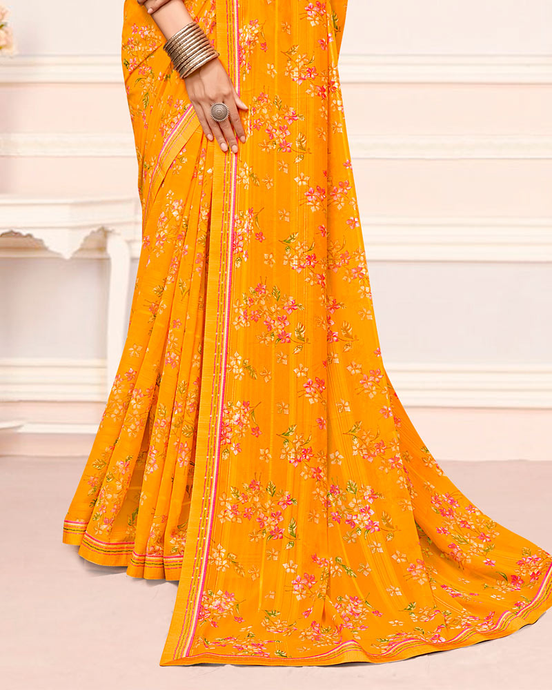 Vishal Prints Marigold Orange Printed Chiffon Saree With Fancy Border