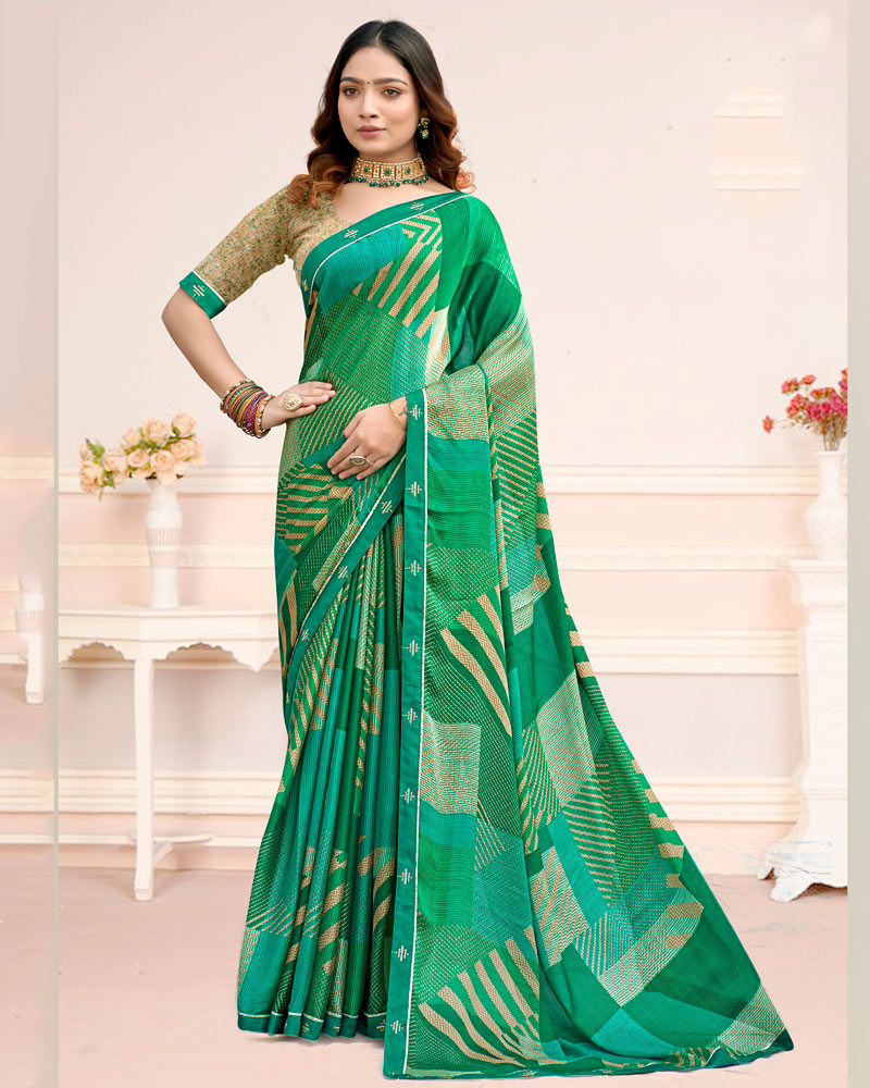 Vishal Prints Emerald Green Printed Chiffon Saree With Fancy Border