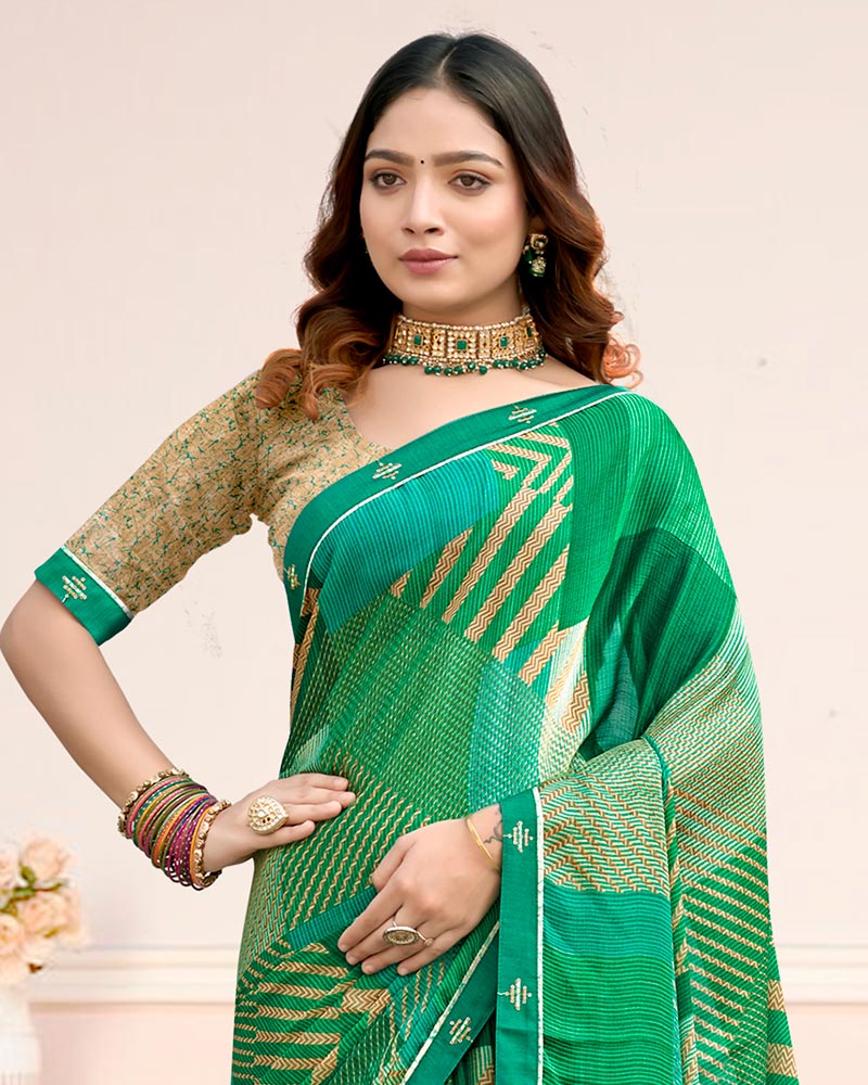 Vishal Prints Emerald Green Printed Chiffon Saree With Fancy Border