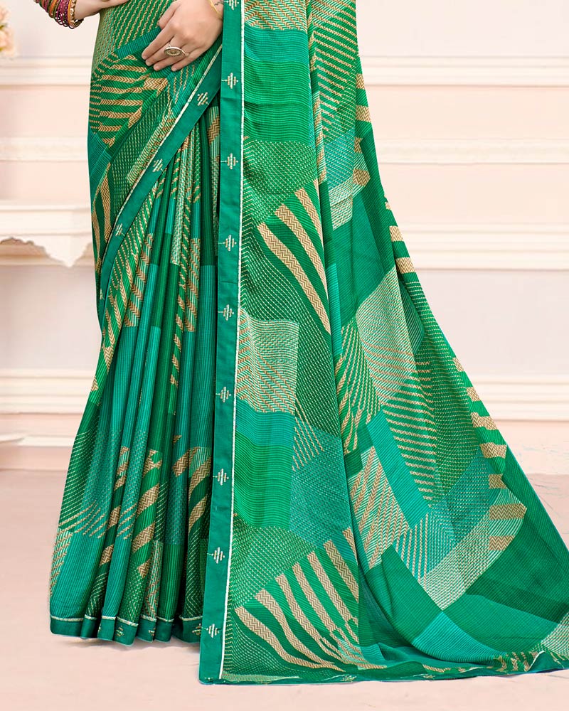 Vishal Prints Emerald Green Printed Chiffon Saree With Fancy Border