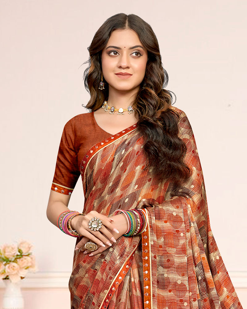 Vishal Prints Copper Brown Printed Chiffon Saree With Fancy Border