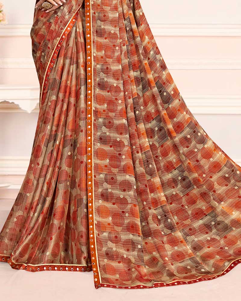 Vishal Prints Copper Brown Printed Chiffon Saree With Fancy Border