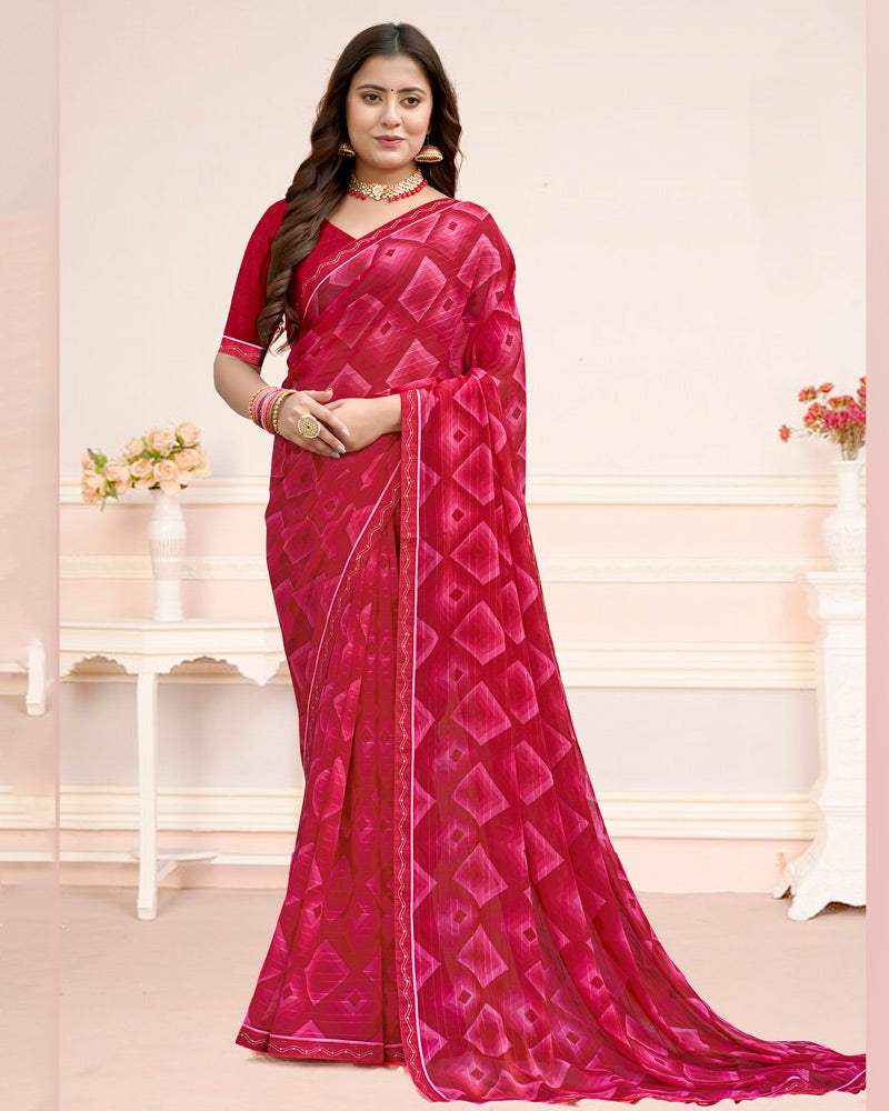 Vishal Prints Deep Pink Printed Chiffon Saree With Fancy Border