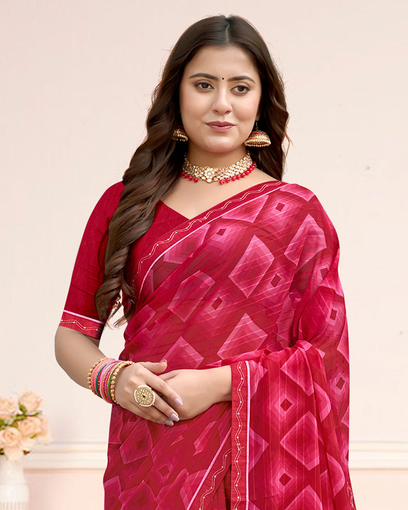 Vishal Prints Deep Pink Printed Chiffon Saree With Fancy Border