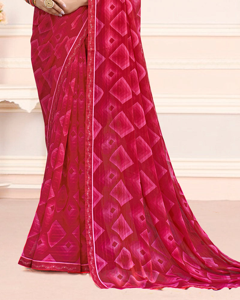 Vishal Prints Deep Pink Printed Chiffon Saree With Fancy Border