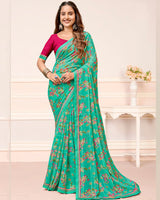 Vishal Prints Topaz Green Printed Chiffon Saree With Fancy Border