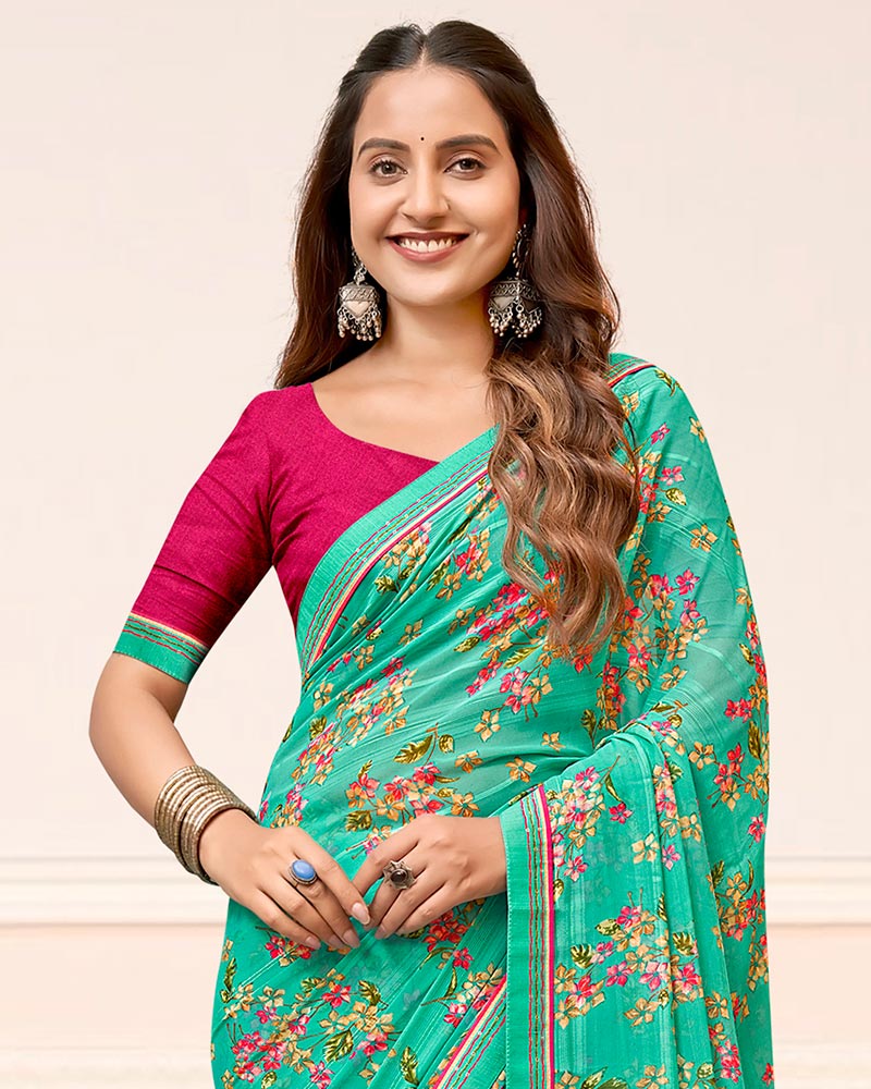 Vishal Prints Topaz Green Printed Chiffon Saree With Fancy Border