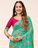 Vishal Prints Topaz Green Printed Chiffon Saree With Fancy Border