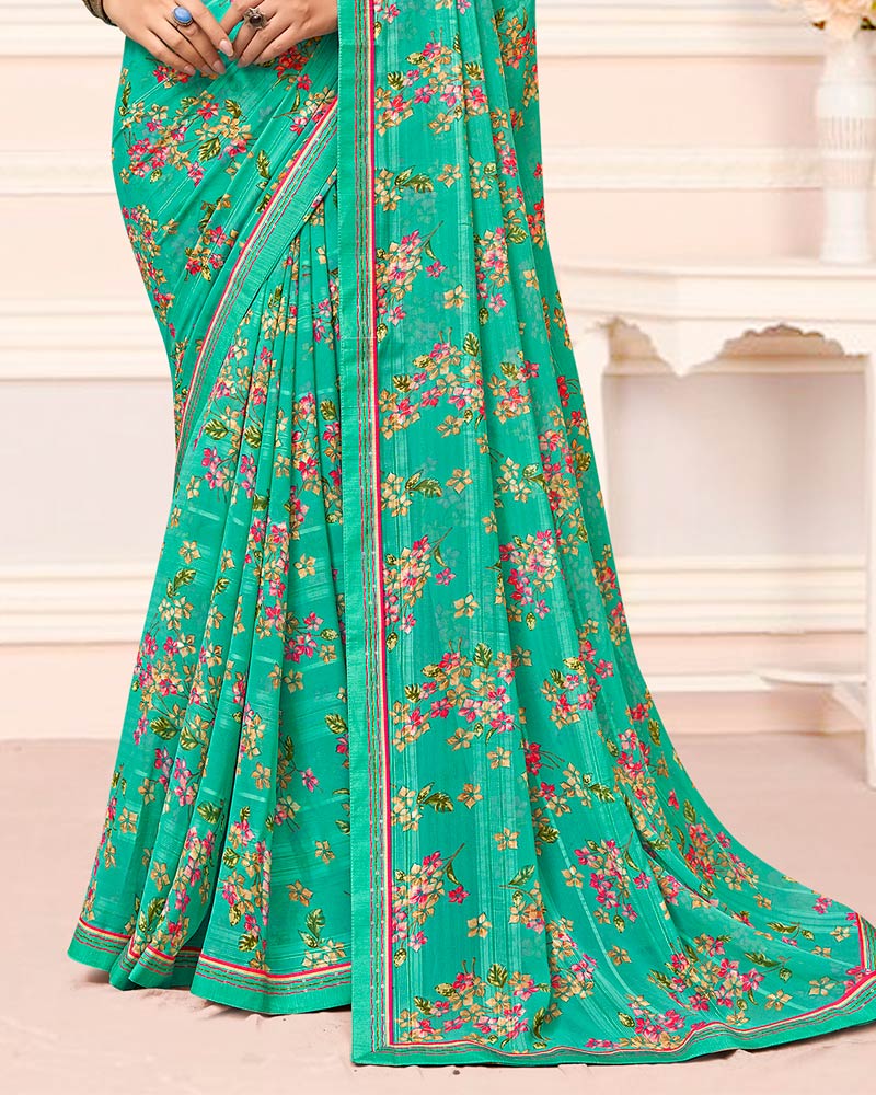 Vishal Prints Topaz Green Printed Chiffon Saree With Fancy Border