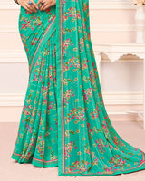 Vishal Prints Topaz Green Printed Chiffon Saree With Fancy Border