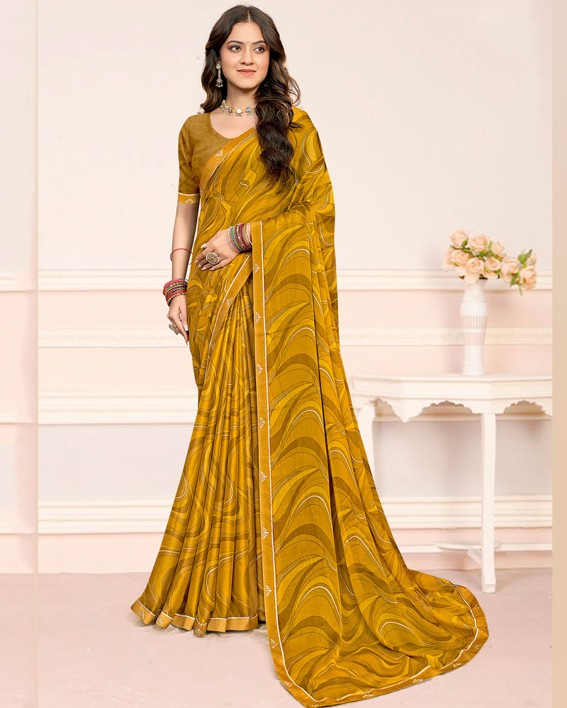 Vishal Prints Mustard Brown Printed Chiffon Saree With Fancy Border