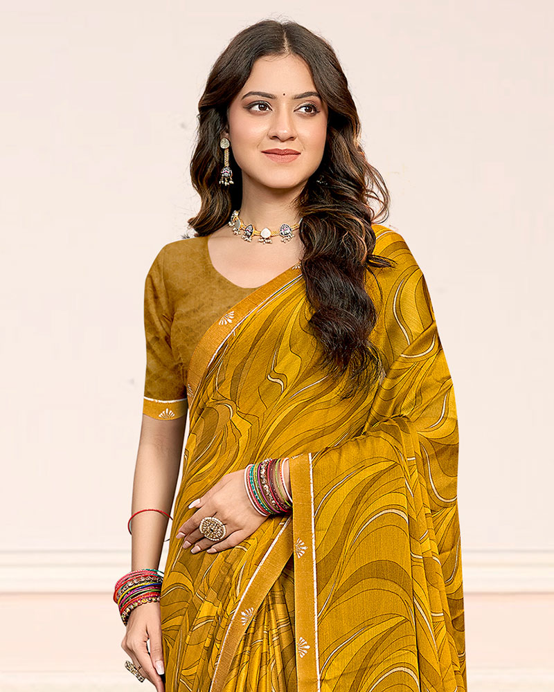 Vishal Prints Mustard Brown Printed Chiffon Saree With Fancy Border