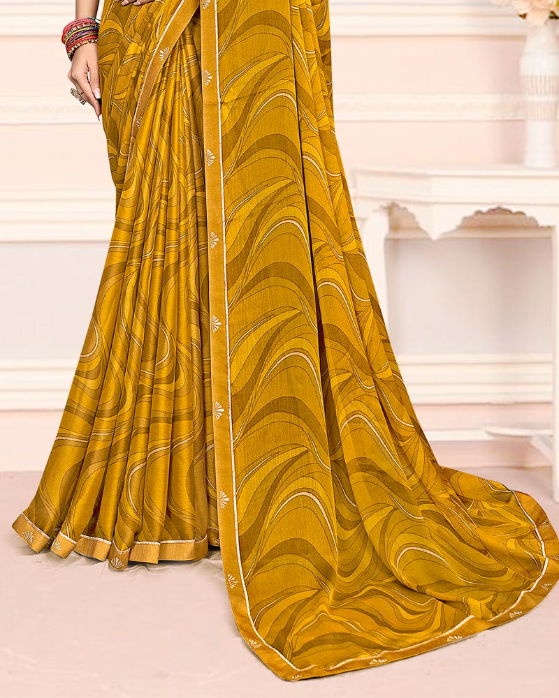 Vishal Prints Mustard Brown Printed Chiffon Saree With Fancy Border