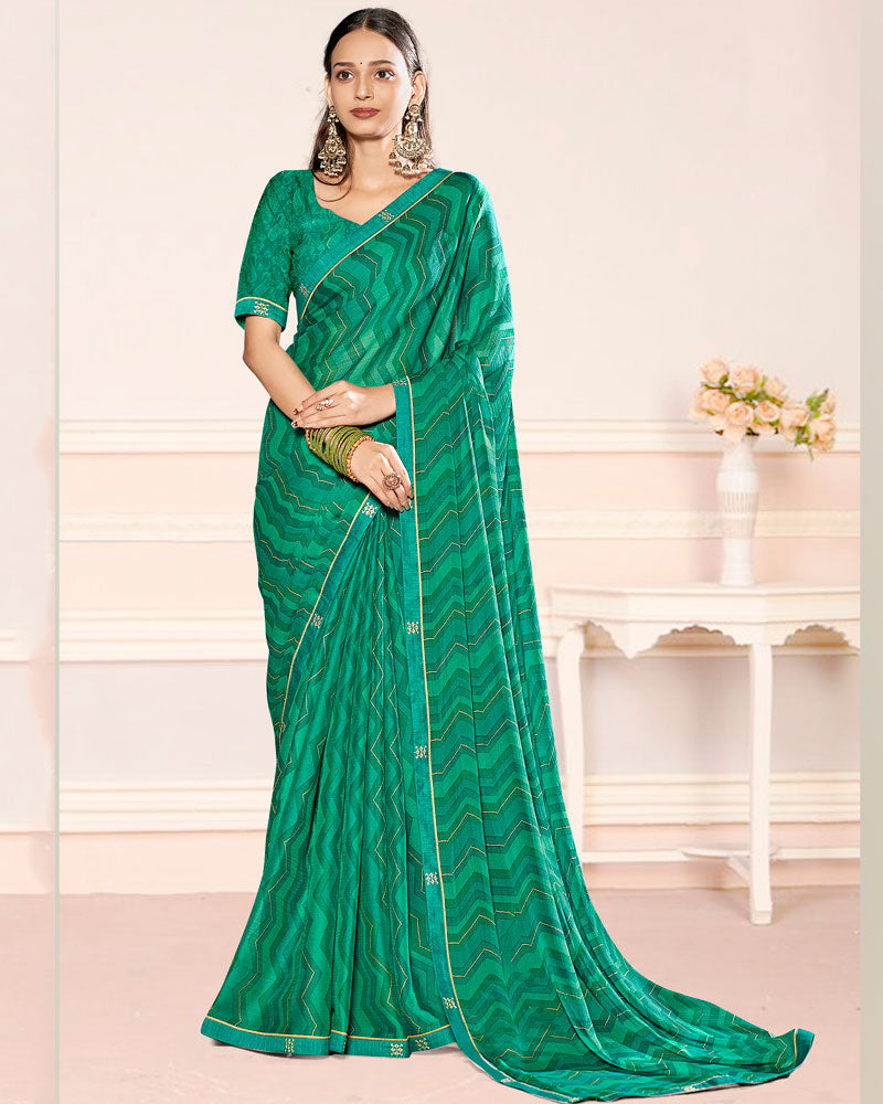 Vishal Prints Pine Green Printed Chiffon Saree With Fancy Border