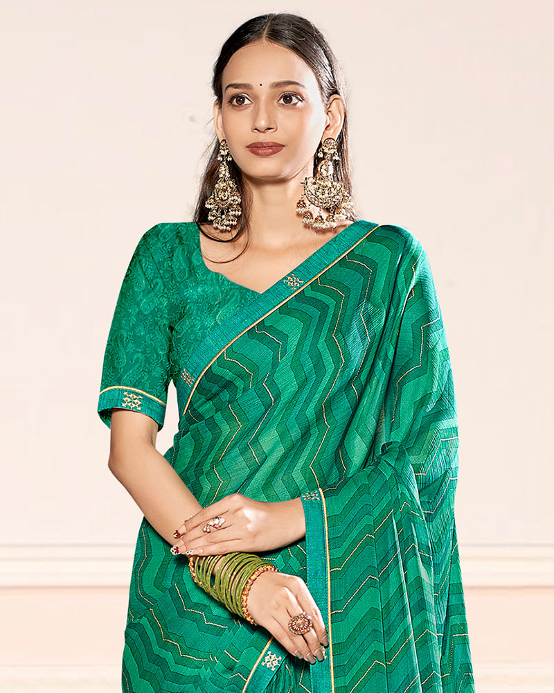 Vishal Prints Pine Green Printed Chiffon Saree With Fancy Border