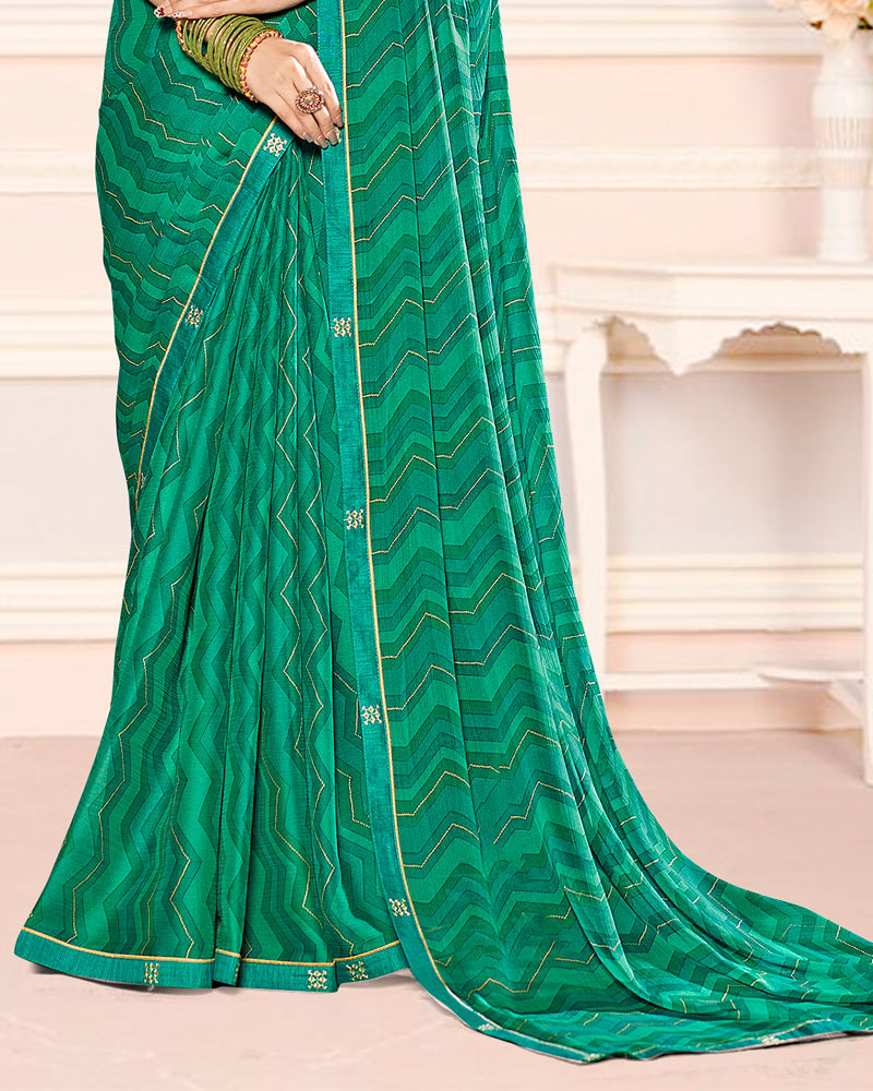 Vishal Prints Pine Green Printed Chiffon Saree With Fancy Border