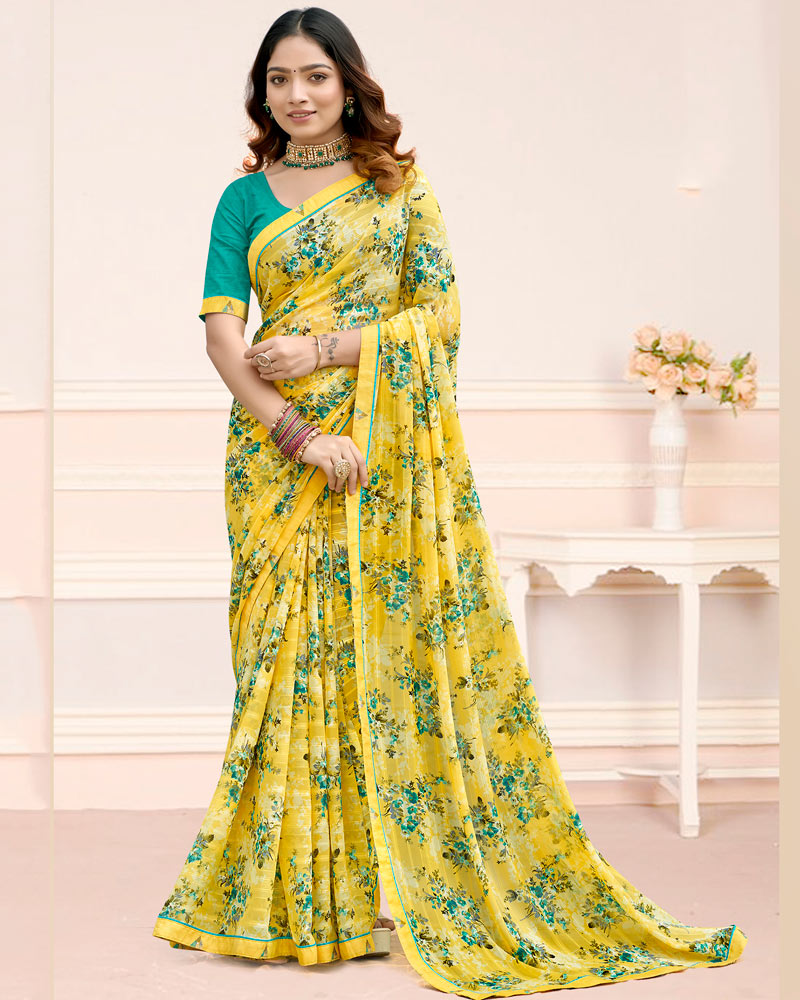 Vishal Prints Pastel Yellow Printed Chiffon Saree With Fancy Border