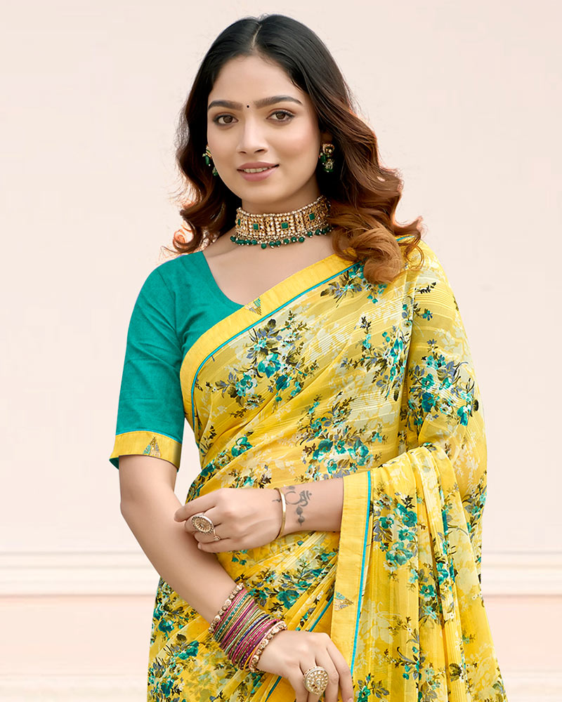Vishal Prints Pastel Yellow Printed Chiffon Saree With Fancy Border