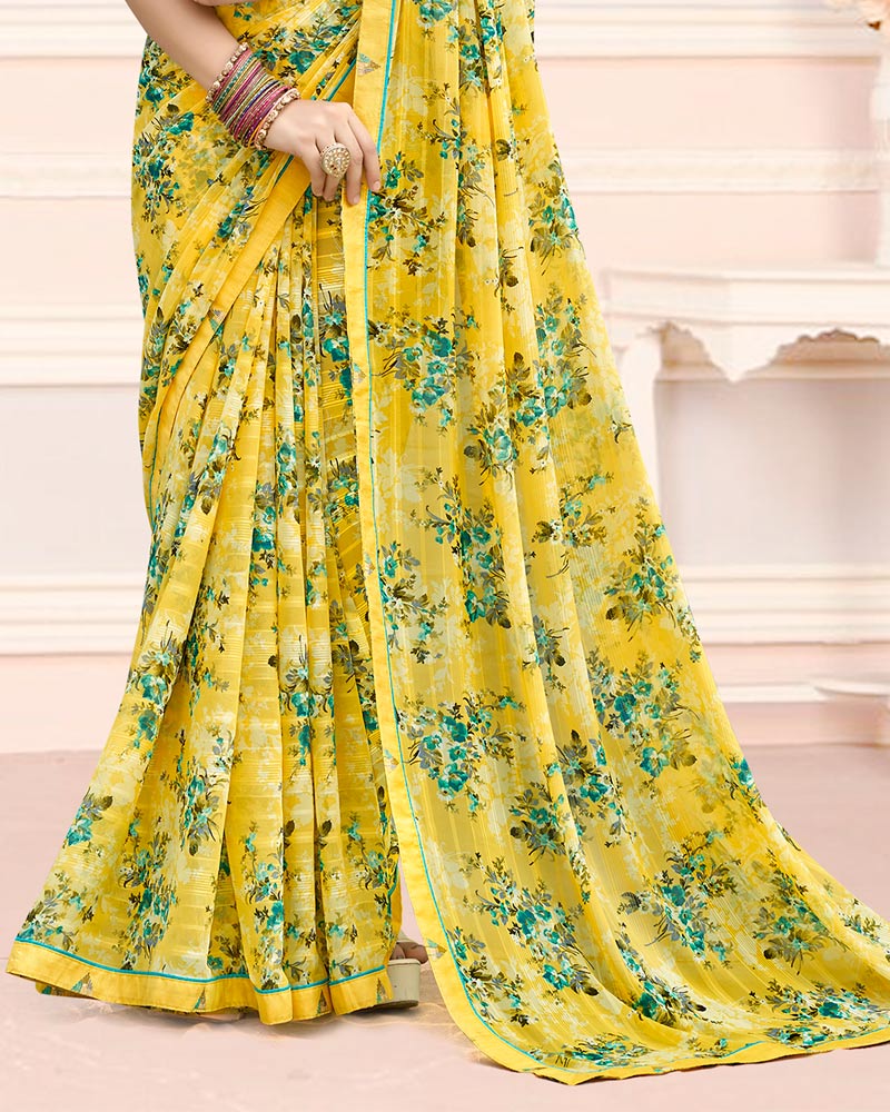 Vishal Prints Pastel Yellow Printed Chiffon Saree With Fancy Border