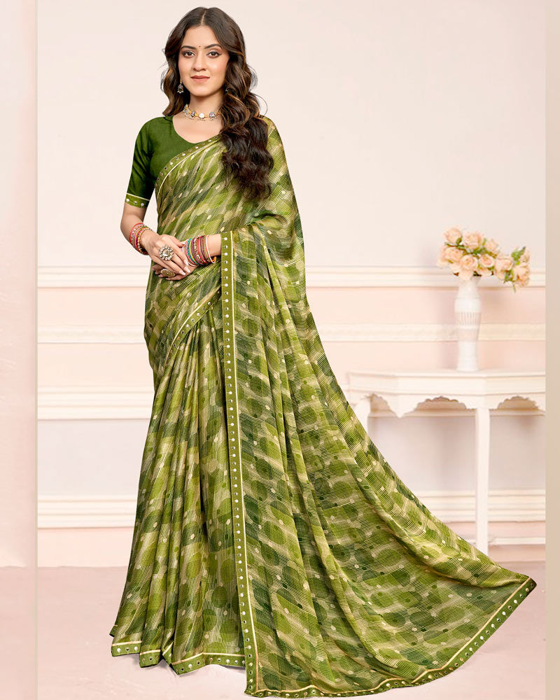 Vishal Prints Olive Green Printed Chiffon Saree With Fancy Border