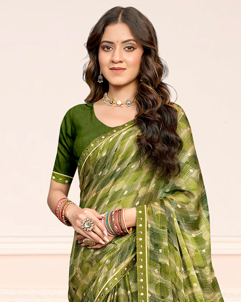 Vishal Prints Olive Green Printed Chiffon Saree With Fancy Border