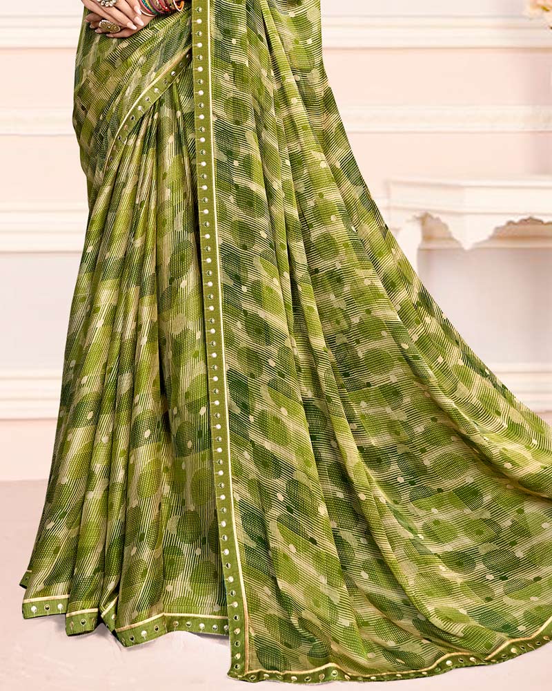 Vishal Prints Olive Green Printed Chiffon Saree With Fancy Border