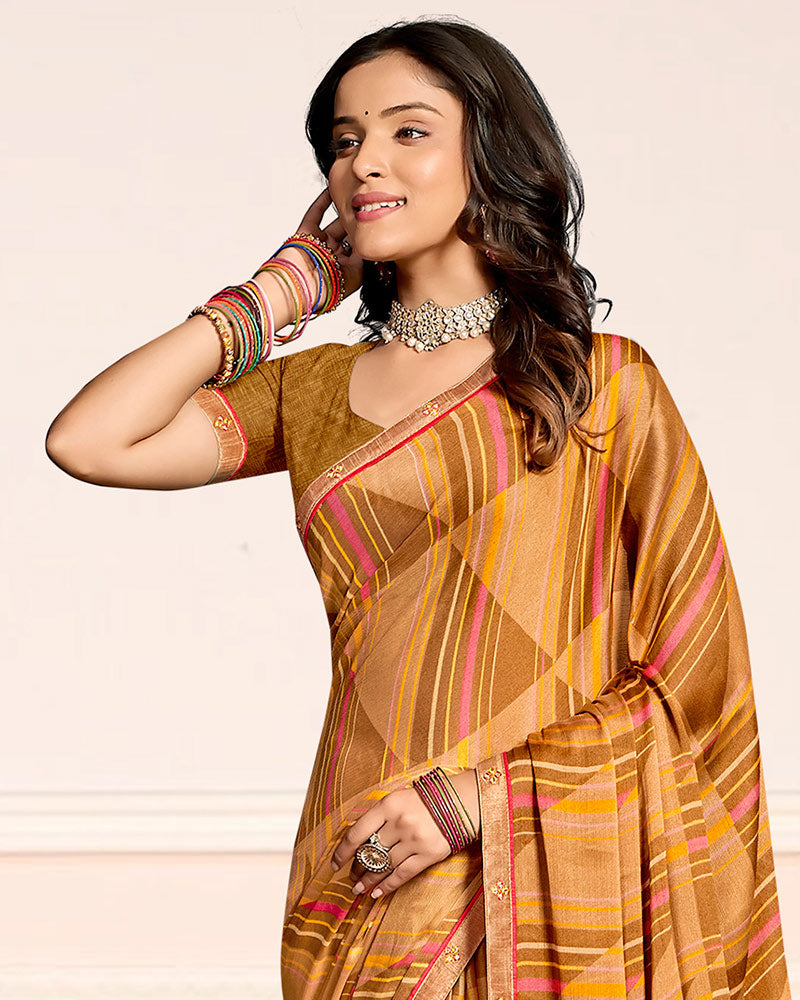 Vishal Prints Persian Orange Printed Chiffon Saree With Fancy Border
