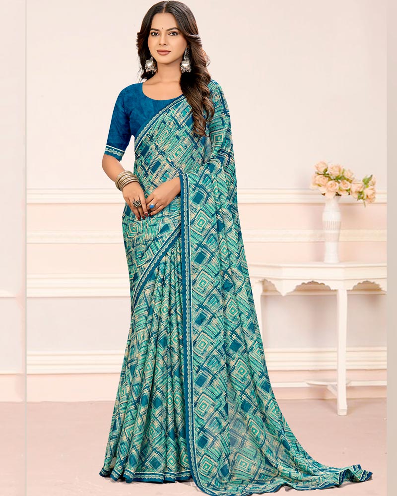 Vishal Prints Light Sea Green Printed Chiffon Saree With Fancy Border