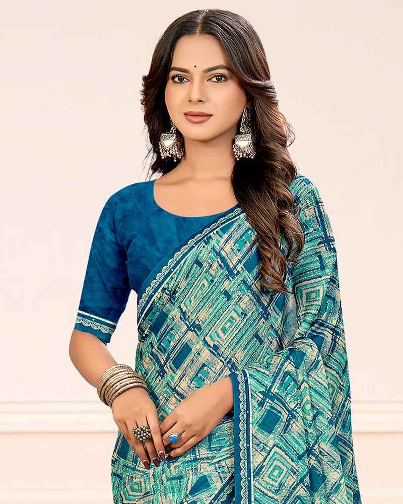 Vishal Prints Light Sea Green Printed Chiffon Saree With Fancy Border