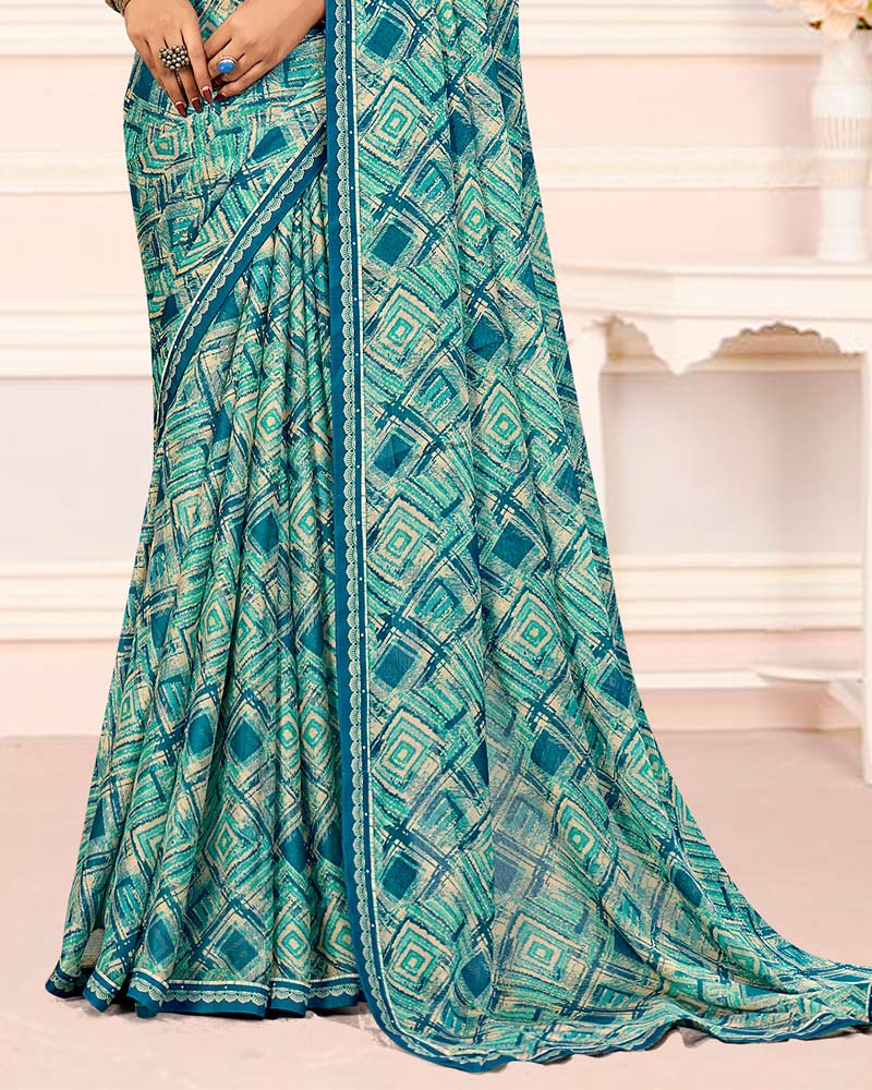 Vishal Prints Light Sea Green Printed Chiffon Saree With Fancy Border