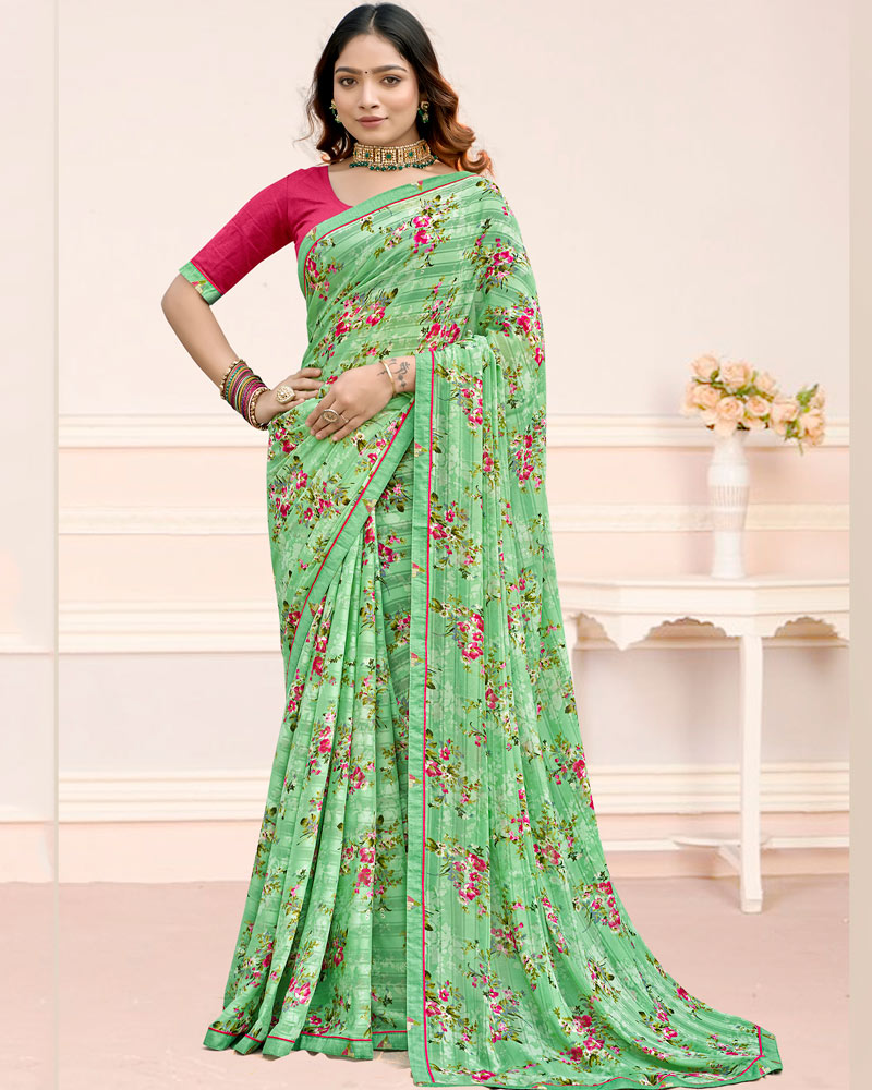 Vishal Prints Light Moss Green Printed Chiffon Saree With Fancy Border