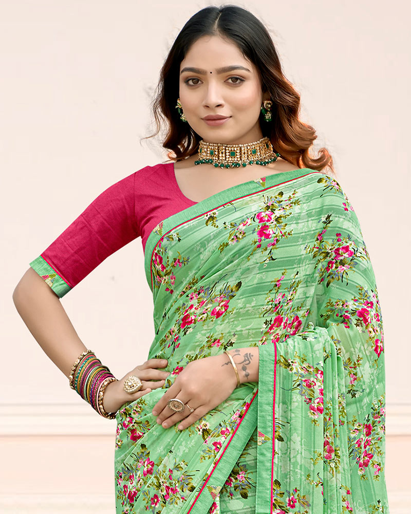 Vishal Prints Light Moss Green Printed Chiffon Saree With Fancy Border