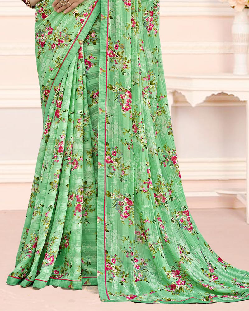 Vishal Prints Light Moss Green Printed Chiffon Saree With Fancy Border
