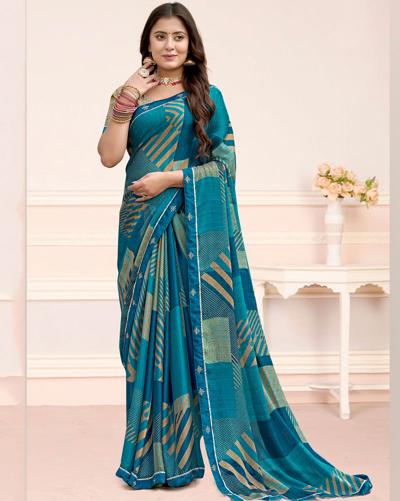Vishal Prints Dark Ocean Blue Printed Chiffon Saree With Fancy Border