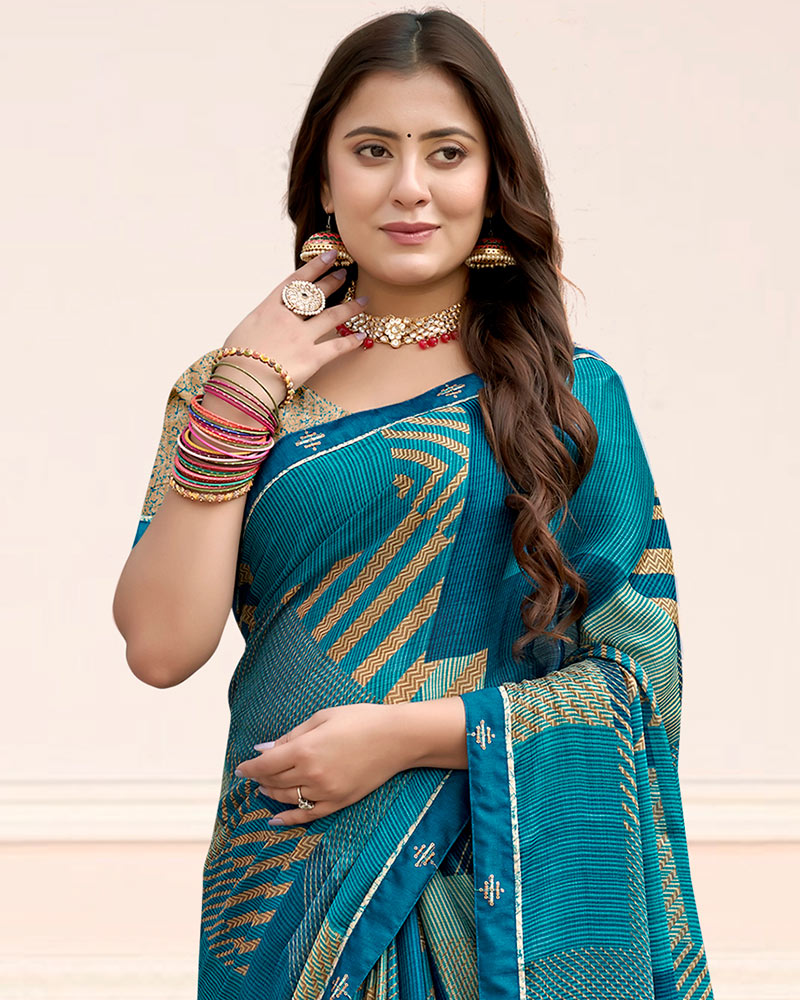 Vishal Prints Dark Ocean Blue Printed Chiffon Saree With Fancy Border