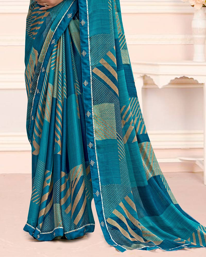 Vishal Prints Dark Ocean Blue Printed Chiffon Saree With Fancy Border