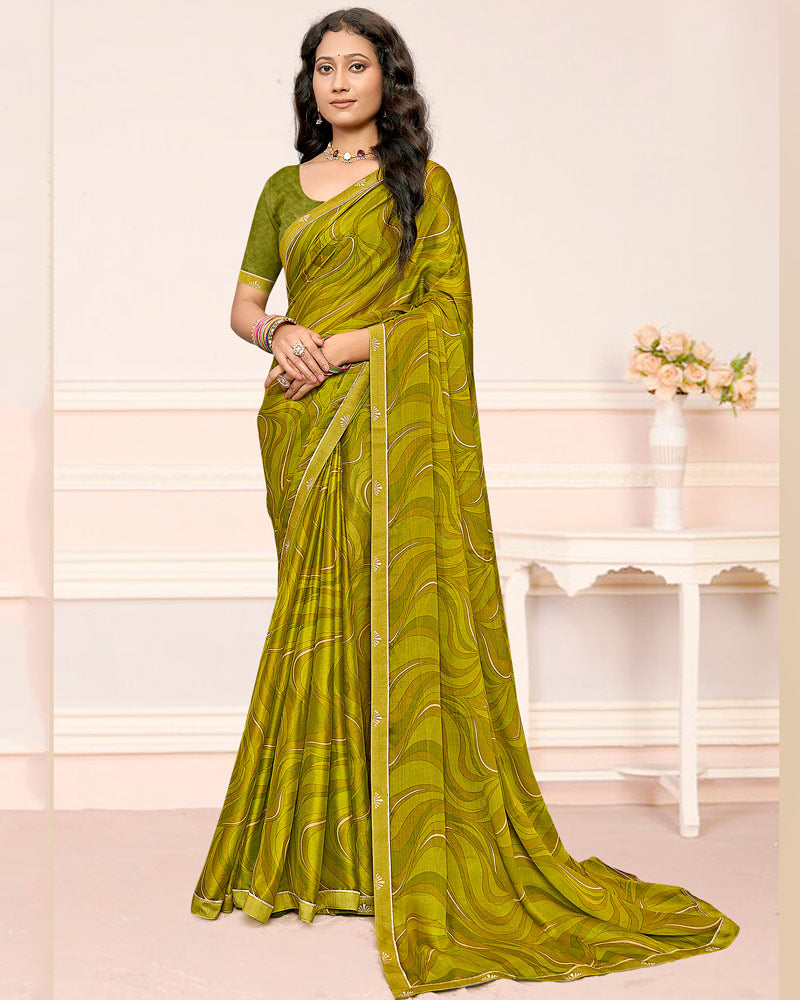 Vishal Prints Dark Olive Yellow Printed Chiffon Saree With Fancy Border