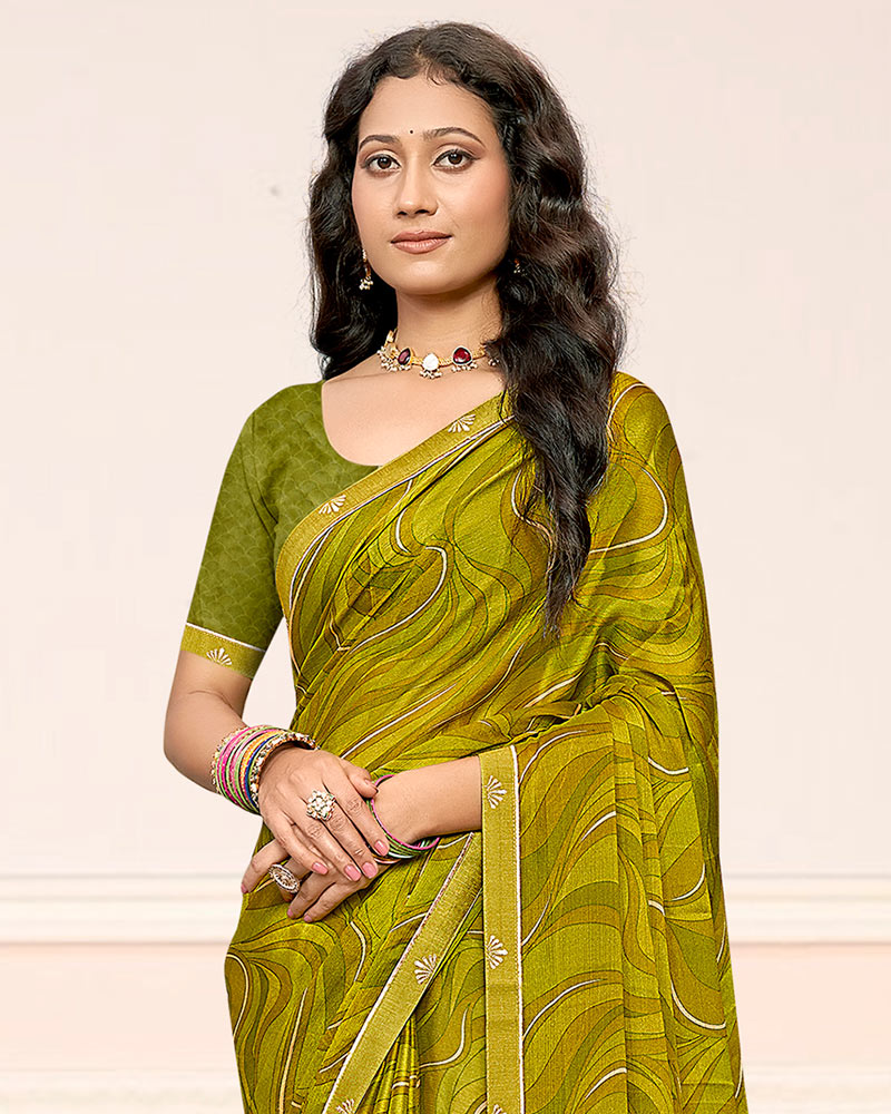 Vishal Prints Dark Olive Yellow Printed Chiffon Saree With Fancy Border