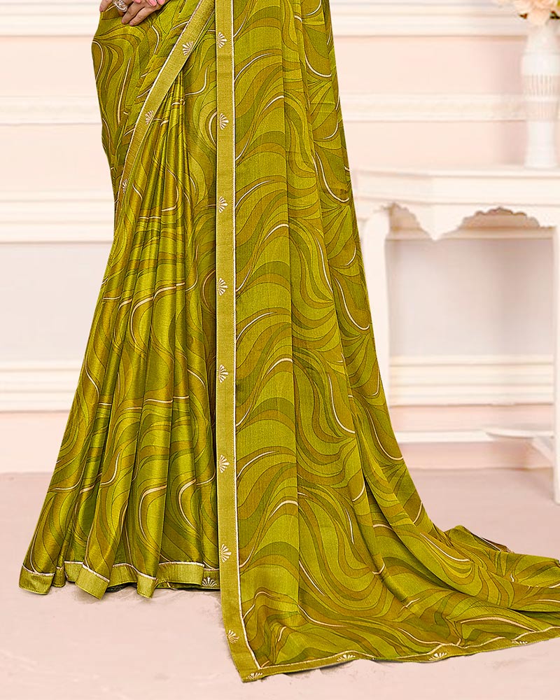 Vishal Prints Dark Olive Yellow Printed Chiffon Saree With Fancy Border