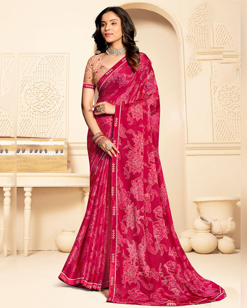 Vishal Prints Pinkish Red Printed Fancy Chiffon Saree With Fancy Border