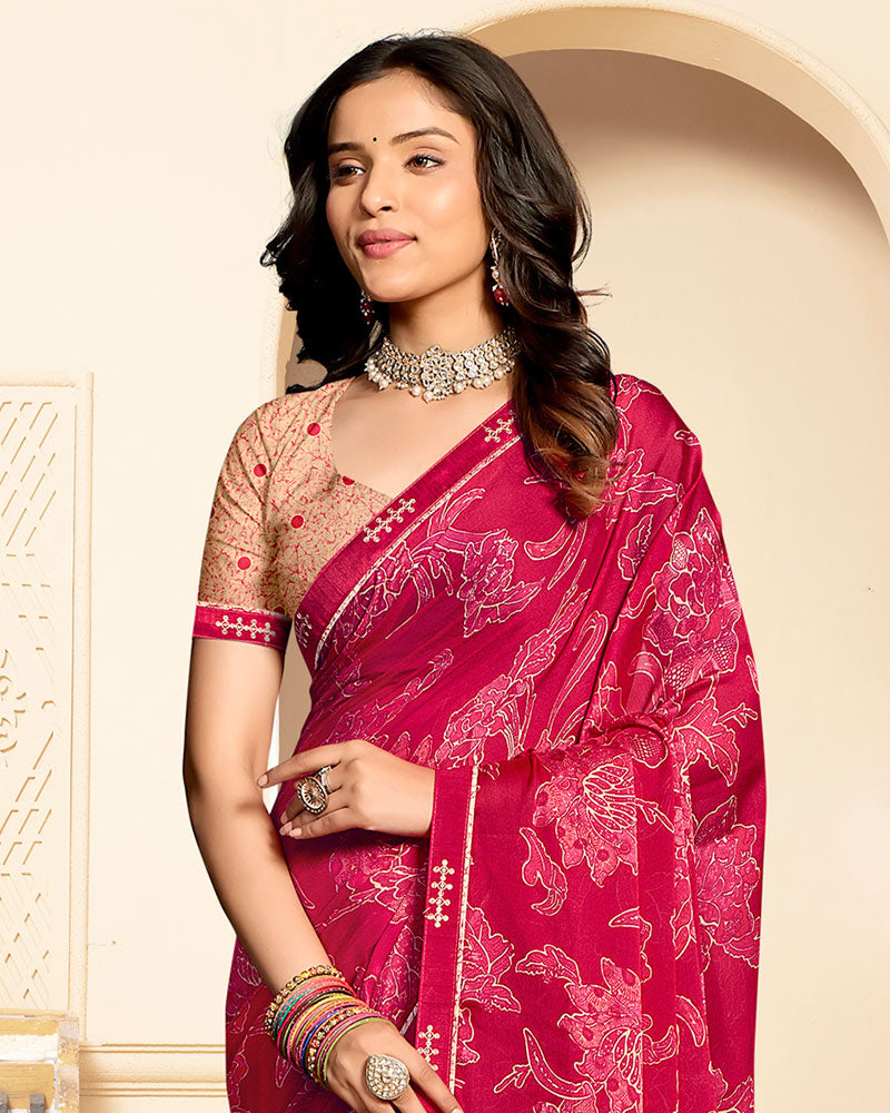 Vishal Prints Pinkish Red Printed Fancy Chiffon Saree With Fancy Border