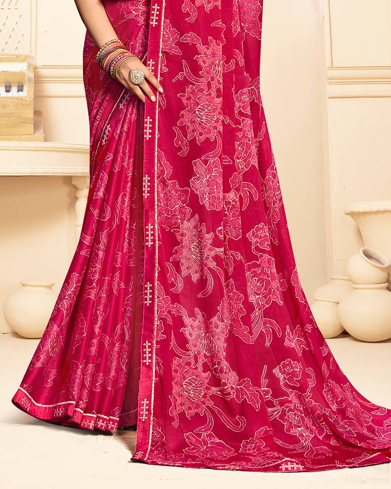 Vishal Prints Pinkish Red Printed Fancy Chiffon Saree With Fancy Border