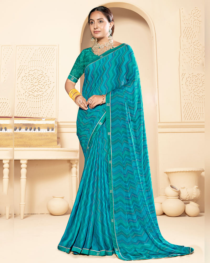 Vishal Prints Bondi Blue Printed Fancy Chiffon Saree With Fancy Border