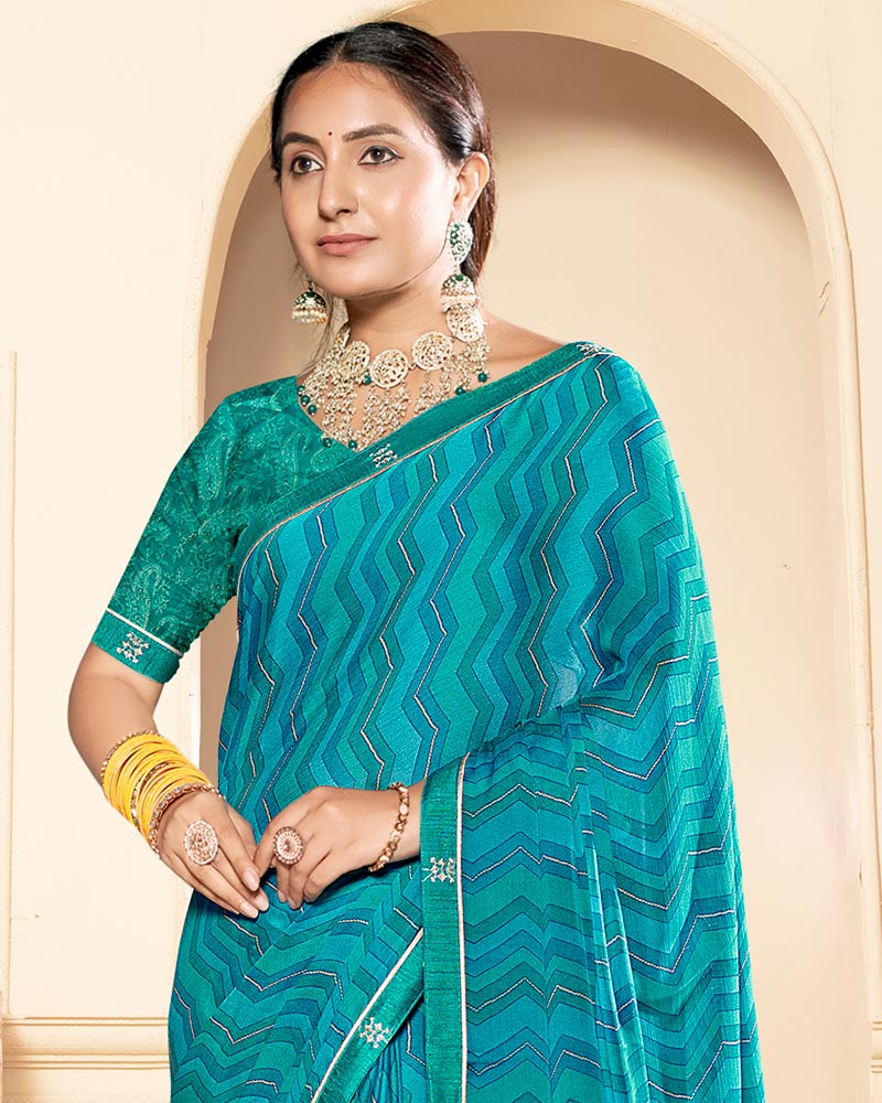Vishal Prints Bondi Blue Printed Fancy Chiffon Saree With Fancy Border